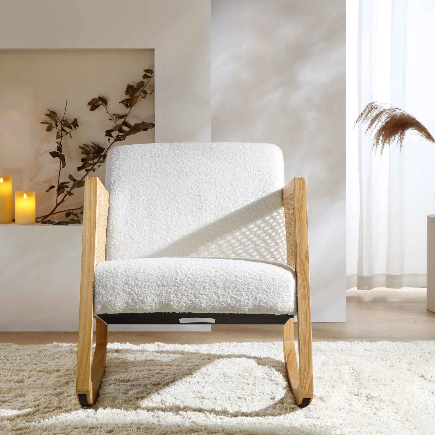 Fyne Ecru Boucle Rocking Armchair With Rattan Armrests 3 Fyne Ecru Boucle Rocking Armchair With Rattan Armrests - Image 2