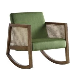 Fyne Moss Green Velvet Rocking Armchair With Rattan Armrests -Garden Store ACH 40 GREEN WALN WB1