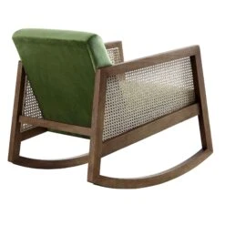 Fyne Moss Green Velvet Rocking Armchair With Rattan Armrests -Garden Store ACH 40 GREEN WALN WB4
