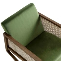 Fyne Moss Green Velvet Rocking Armchair With Rattan Armrests -Garden Store ACH 40 GREEN WALN detail1