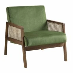 Fyne Moss Green Velvet Walnut Frame Rattan Armchair -Garden Store ACH 608 GREENVEL WALN WB1