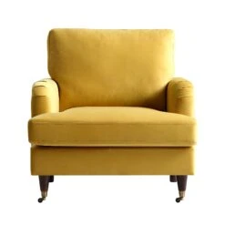 Brigette Mustard Velvet Armchair With Antique Brass Castor Legs -Garden Store AYSF 010 MUSTARD VEL 1ST WB2