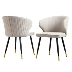 Langham Set Of 2 Oatmeal Woven Fabric Carver Dining Chairs With Fluted Back -Garden Store DCH 2143 TAUPE WOV 2P WB1