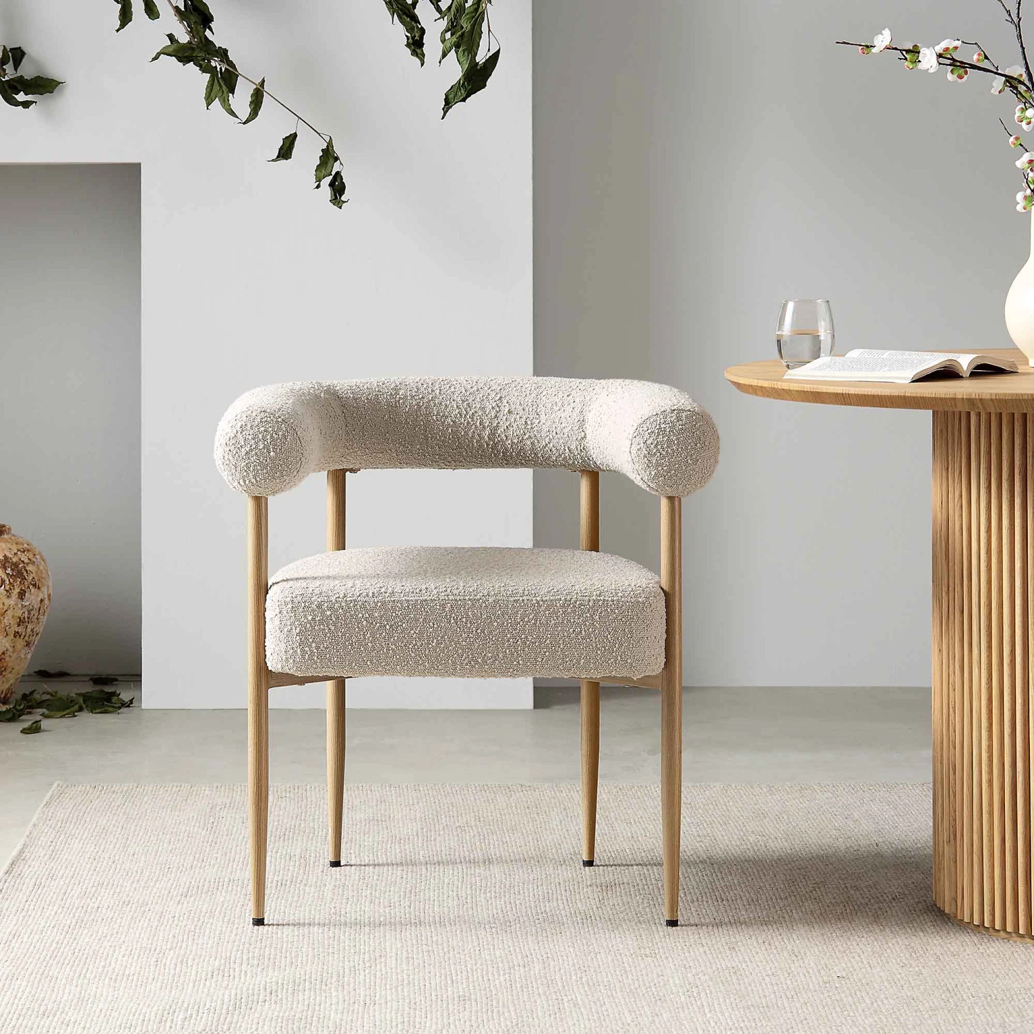 Fulbourn Taupe Boucle Dining Chair With Natural Wood Effect Legs 4 Fulbourn Taupe Boucle Dining Chair With Natural Wood Effect Legs - Image 2