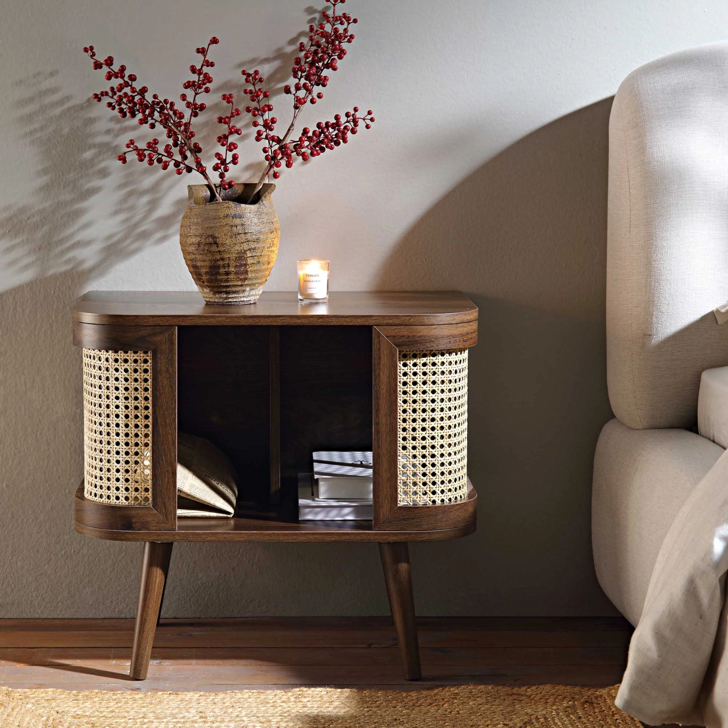 Izzy Curved Rattan Bedside Table, Walnut 4 Izzy Curved Rattan Bedside Table, Walnut - Image 2
