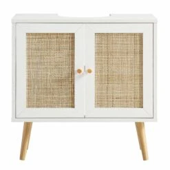 Frances Woven Rattan 2-Door Bathroom Undersink Unit, White -Garden Store FT UDS 01 WHITE WB2