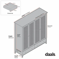 Frances Rattan 4-Door Wardrobe With 2 Drawers, Natural -Garden Store FT WARD 04