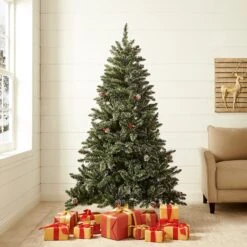 Snow Tipped Frosted Artificial Pines & Berries Christmas Tree With Pre-lit Multi-colour LED Lights (5ft To 8ft) -Garden Store XMSTR 2 FROGRNCLED 2