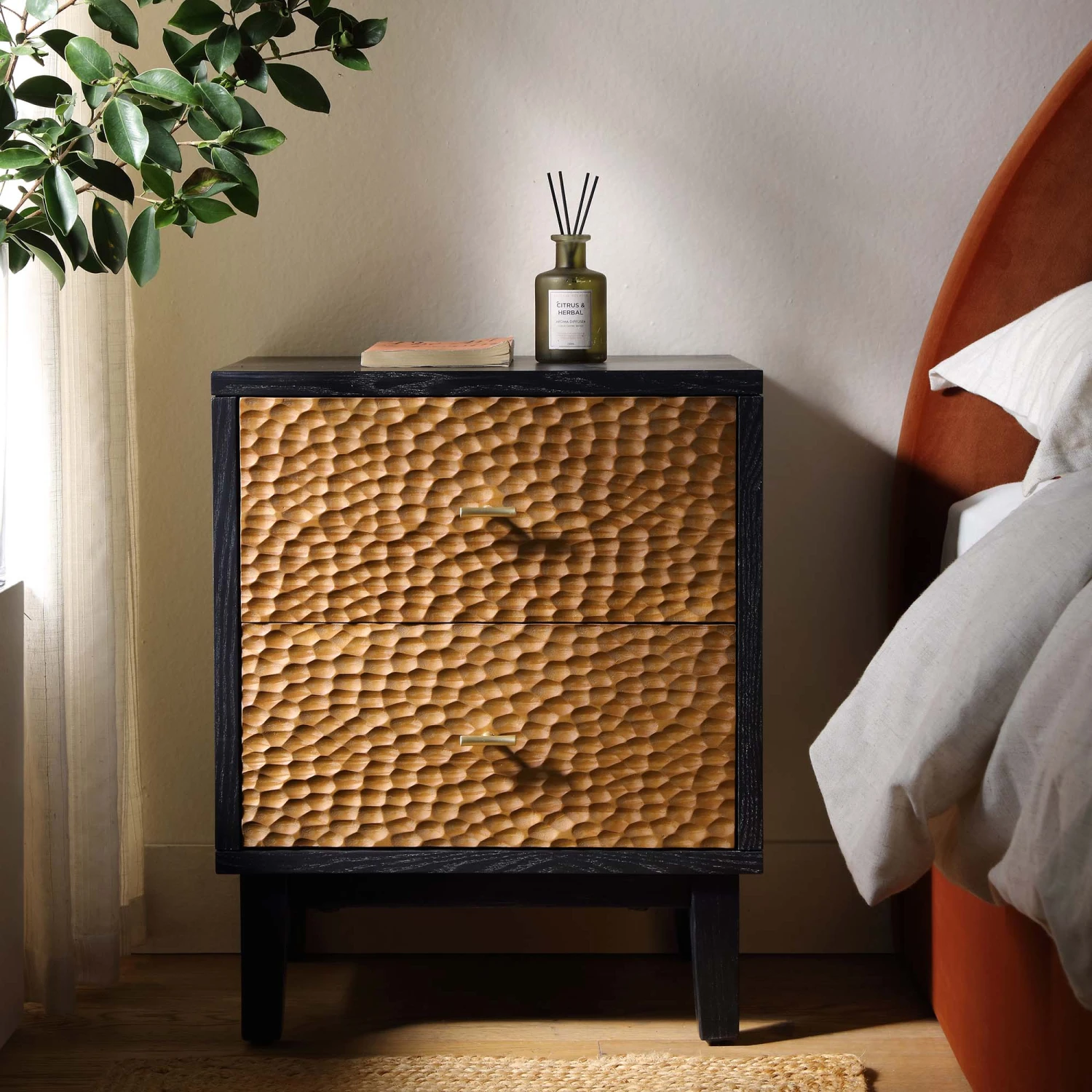 Bianca Chip Carved Bedside Table, Antique Bronze & Black 3 Bianca Chip Carved Bedside Table, Antique Bronze & Black