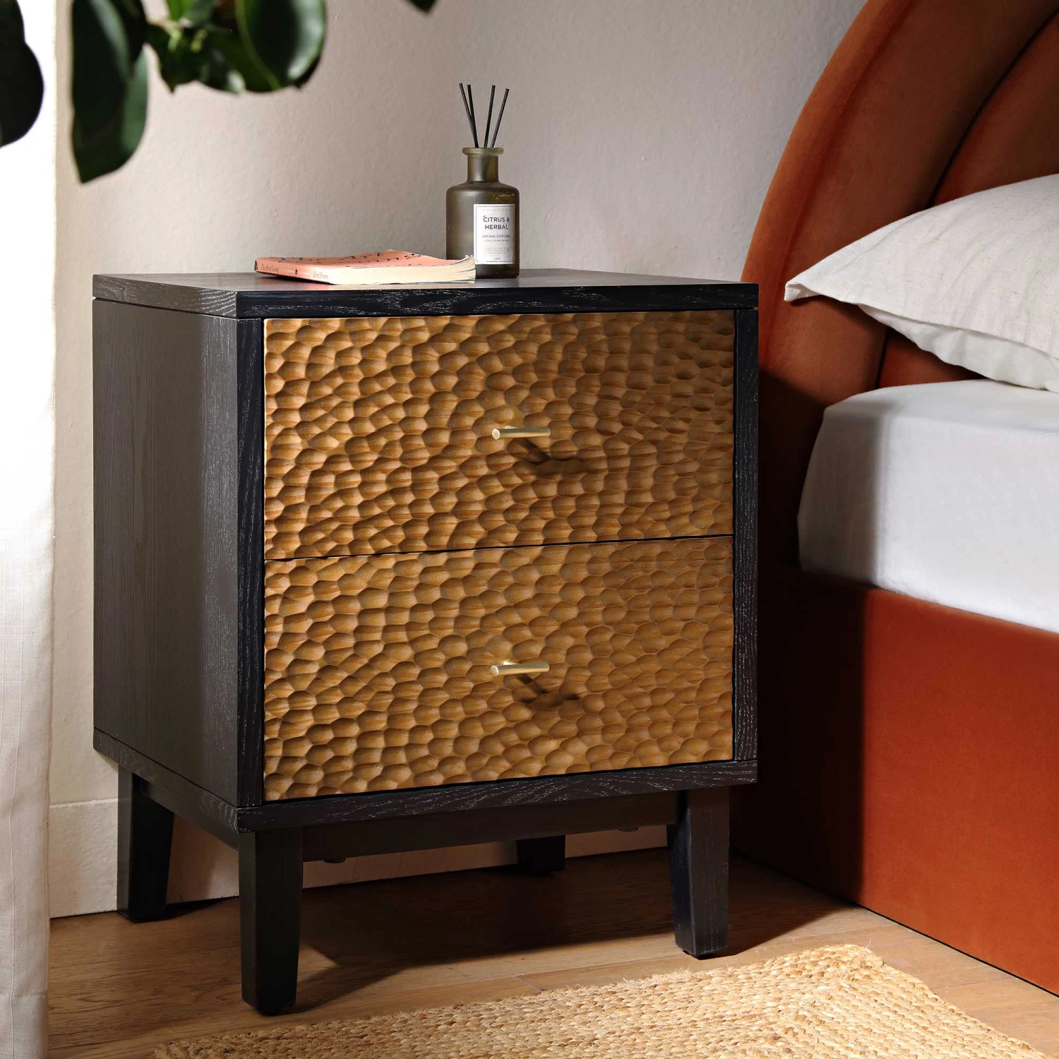 Bianca Chip Carved Bedside Table, Antique Bronze & Black 4 Bianca Chip Carved Bedside Table, Antique Bronze & Black - Image 2