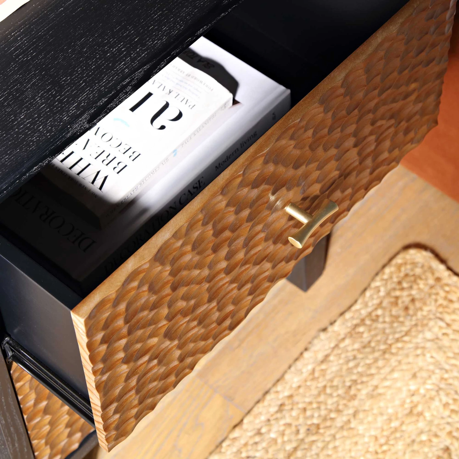 Bianca Chip Carved Bedside Table, Antique Bronze & Black 5 Bianca Chip Carved Bedside Table, Antique Bronze & Black - Image 3