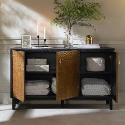 Bianca Chip Carved 3 Door Sideboard, Antique Bronze & Black -Garden Store XXSB 009 GOLD BLACK scene2