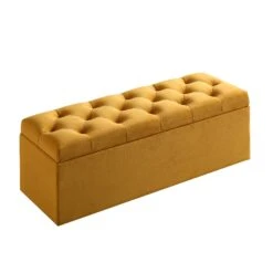 Leamington Deep-Buttoned Ottoman Storage Bench, Turmeric Yellow Velvet -Garden Store ZX 2183 MUST VEL WB2